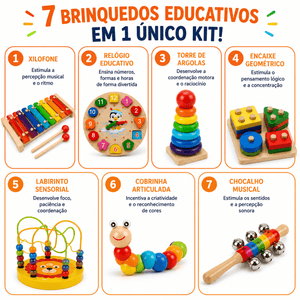 Pequenos Gênios 7 em 1 com xilofone, relógio educativo, torre de argolas, encaixe geométrico, labirinto sensorial, cobrinha articulada e chocalho musical para o desenvolvimento infantil.
