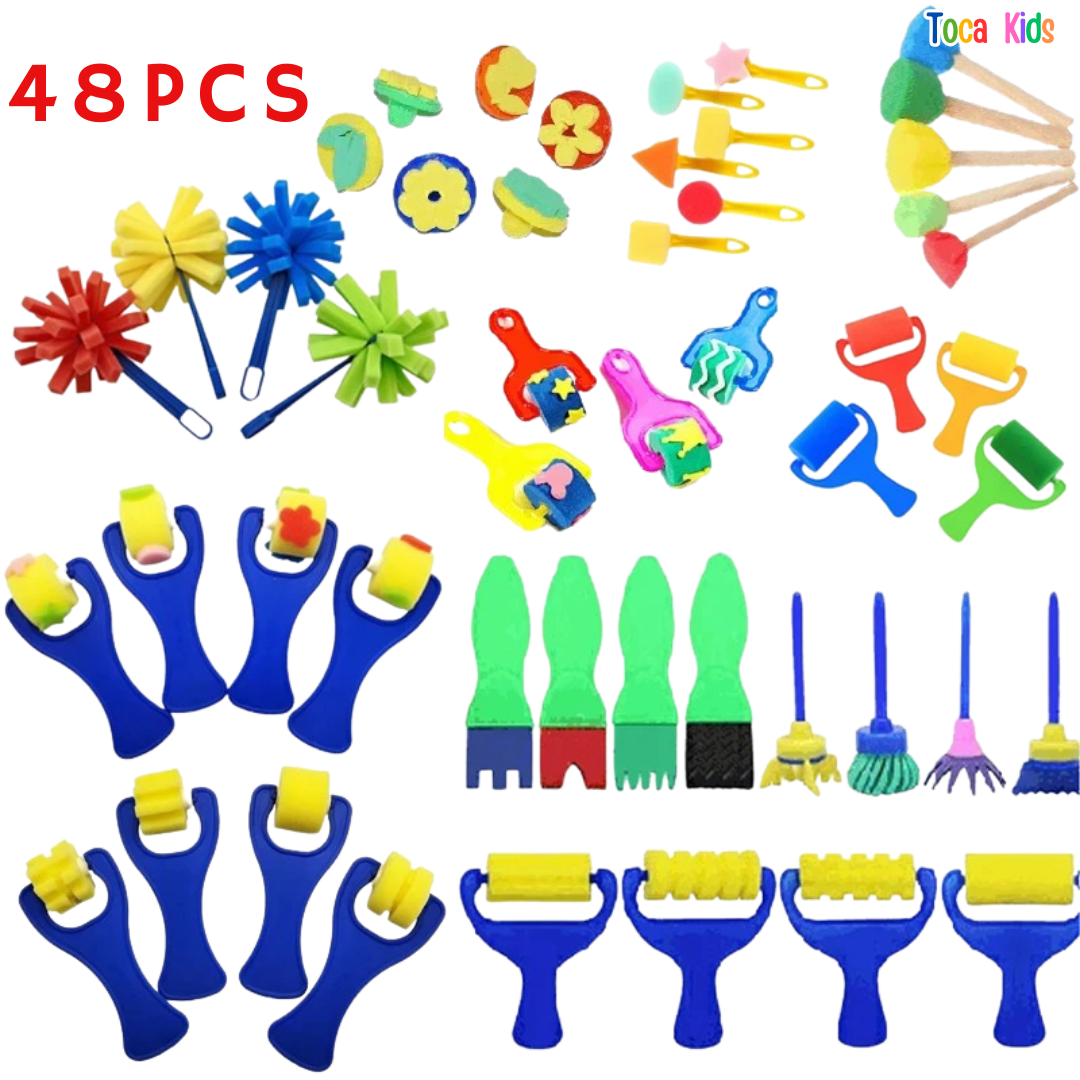 Kit Pintura Infantil 48 Peças - Pincéis de Esponja, Rolinhos e Carimbos