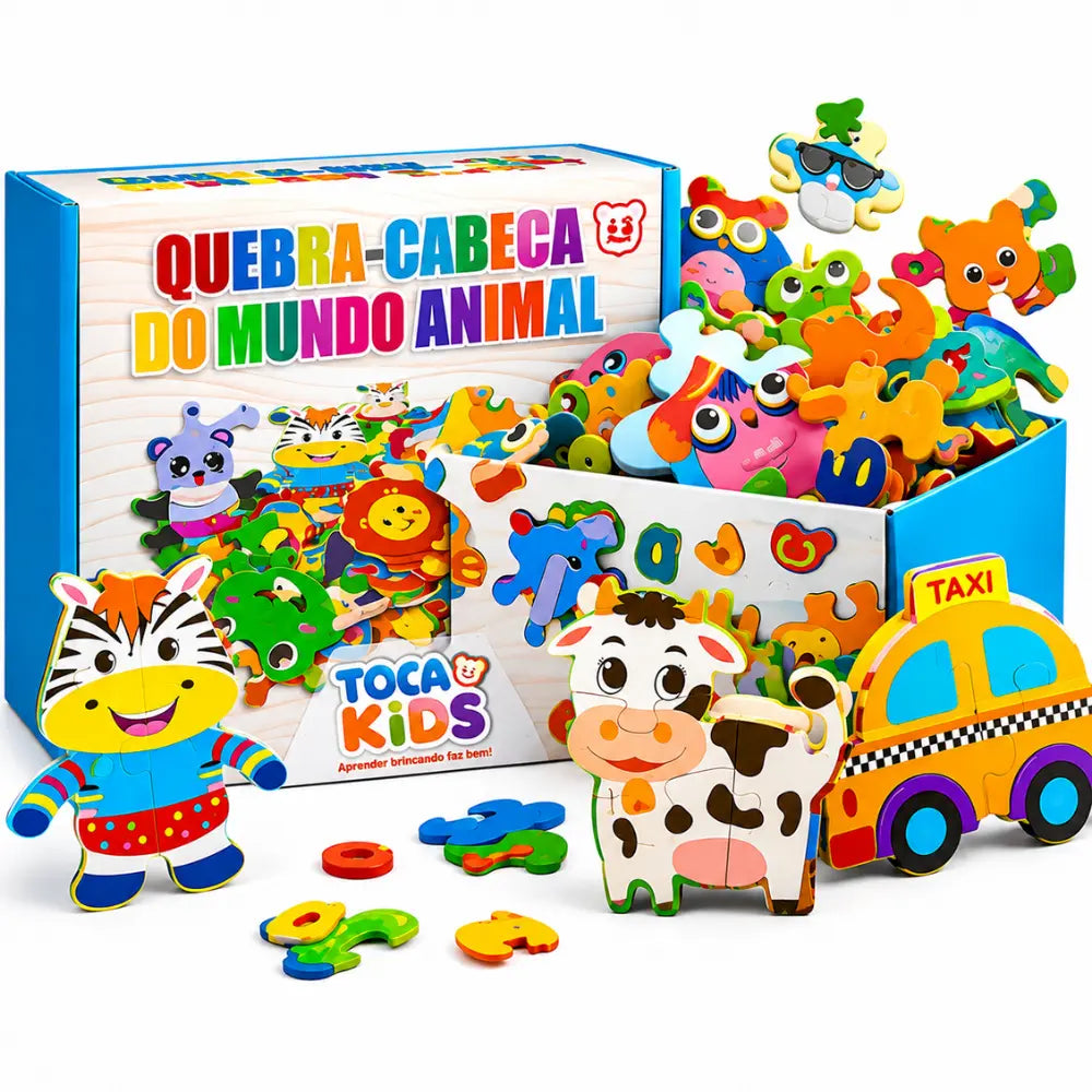 Quebra-Cabeça Mundo Animal com 62 peças coloridas de animais para crianças