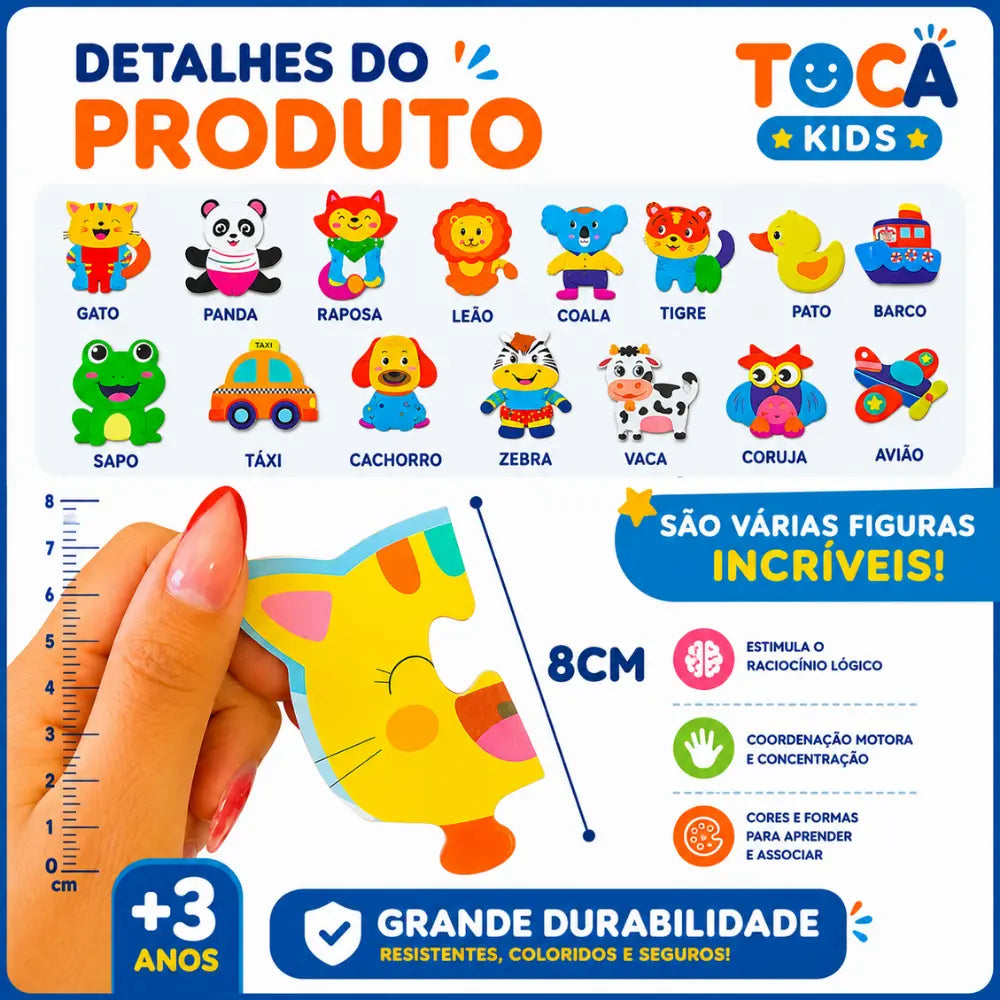 Peças grandes de aproximadamente 8 cm do Quebra-Cabeça Mundo Animal infantil