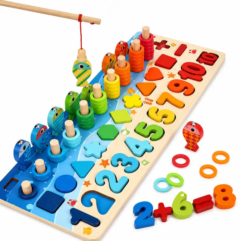 Tabuleiro Montessori de madeira com pescaria magnética, números e formas geométricas