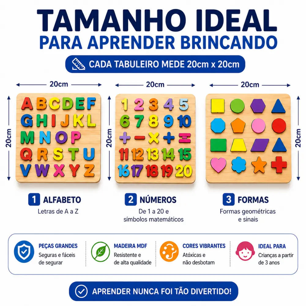 Dimensões dos três tabuleiros educativos de alfabeto, números e formas
