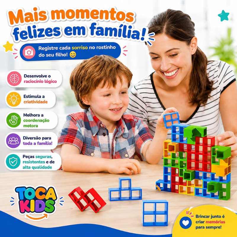 Mãe e filho brincando com o Tetra Tower, fortalecendo os laços familiares e estimulando o aprendizado.
