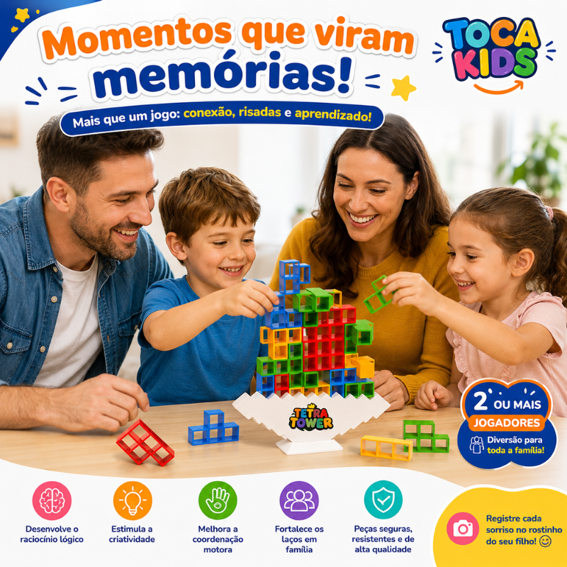 Família reunida brincando com o jogo educativo Tetra Tower e criando momentos especiais juntos.