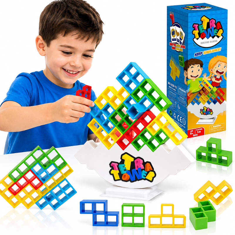 Criança brincando com o jogo educativo Tetra Tower utilizando cartas de desafio para desenvolver raciocínio lógico