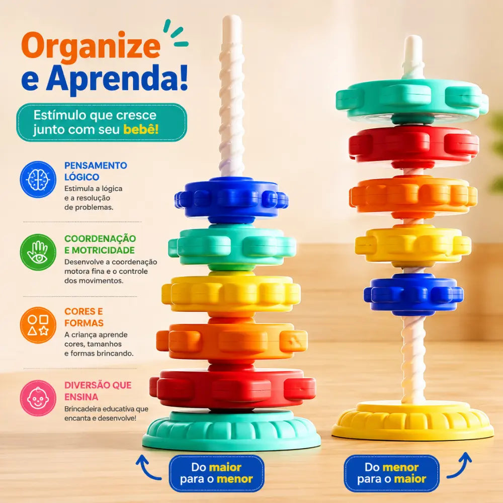 Torre giratória educativa com peças coloridas de diferentes tamanhos