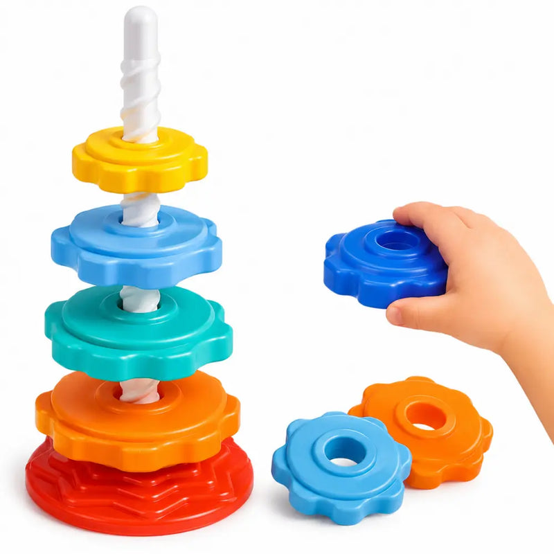 Torre giratória de empilhar colorida com peças para encaixe infantil