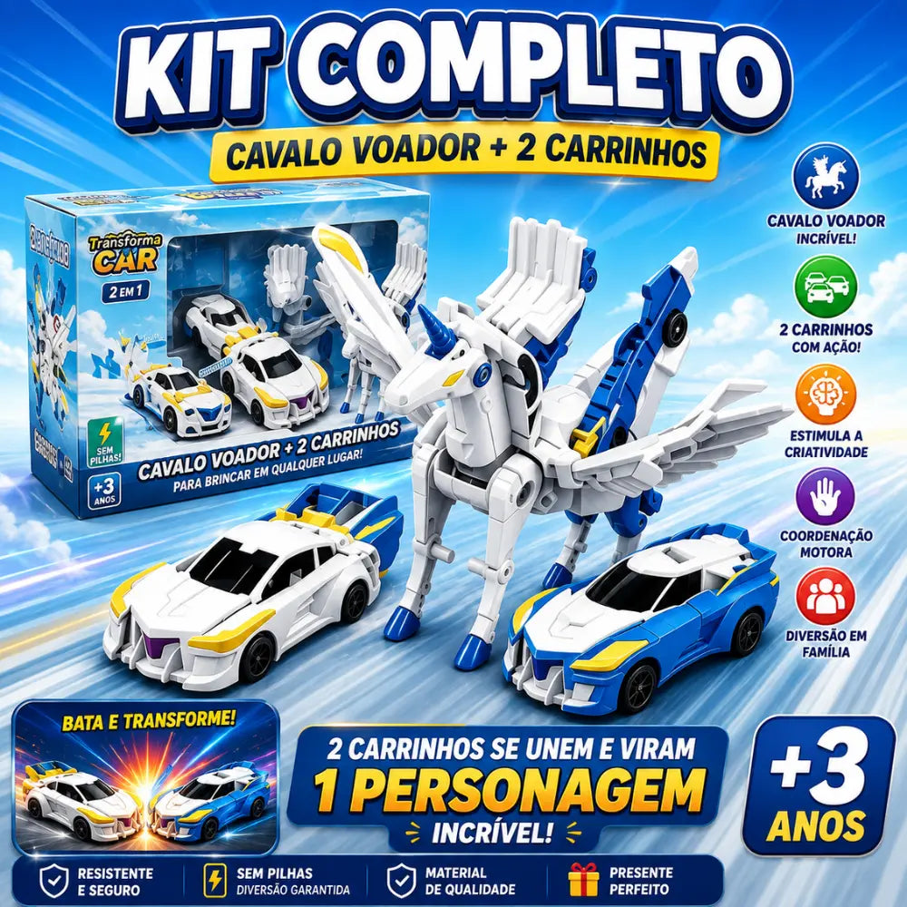 Kit completo TransformaCar com dois carrinhos e cavalo voador transformável